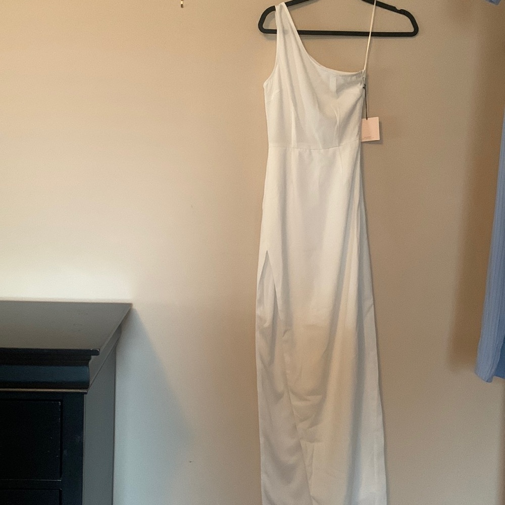 White one shoulder Super Down dress